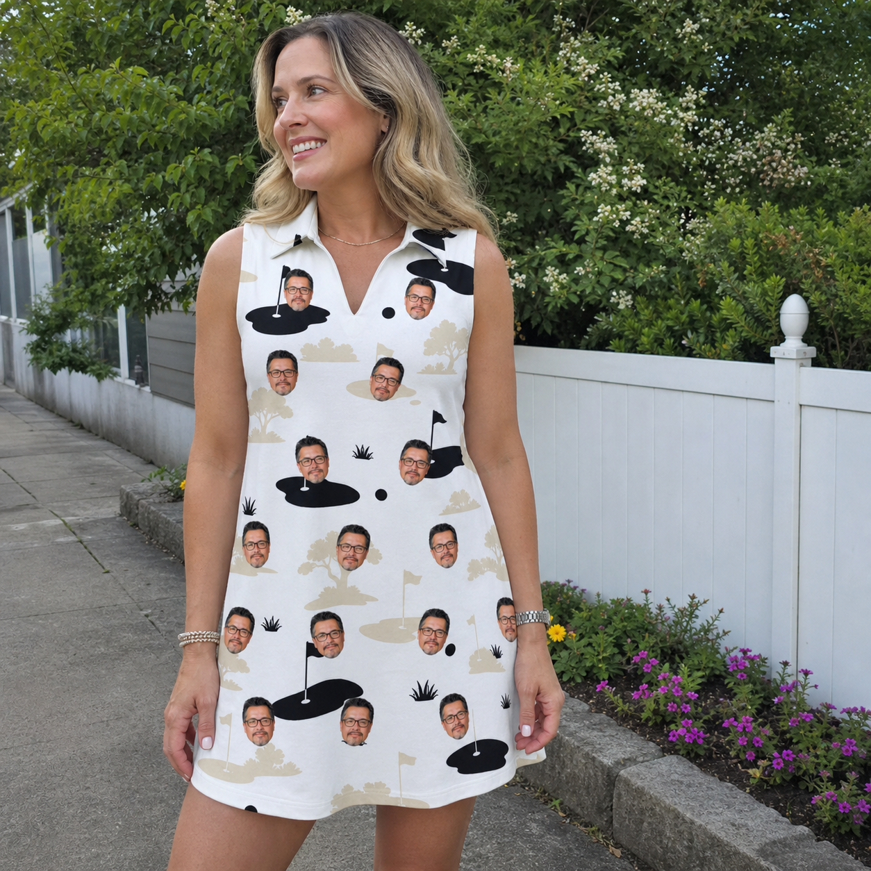 Real-life photo of someone wearing Women's Tee Hee Custom Face V-Neck Dress — custom faces printed all-over