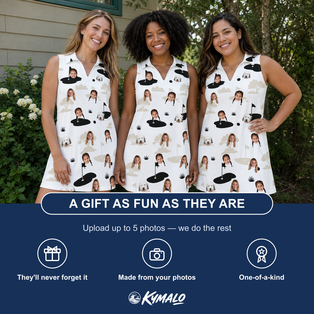 Friends in matching Women's Tee Hee Custom Face V-Neck Dress — a group gift photo
