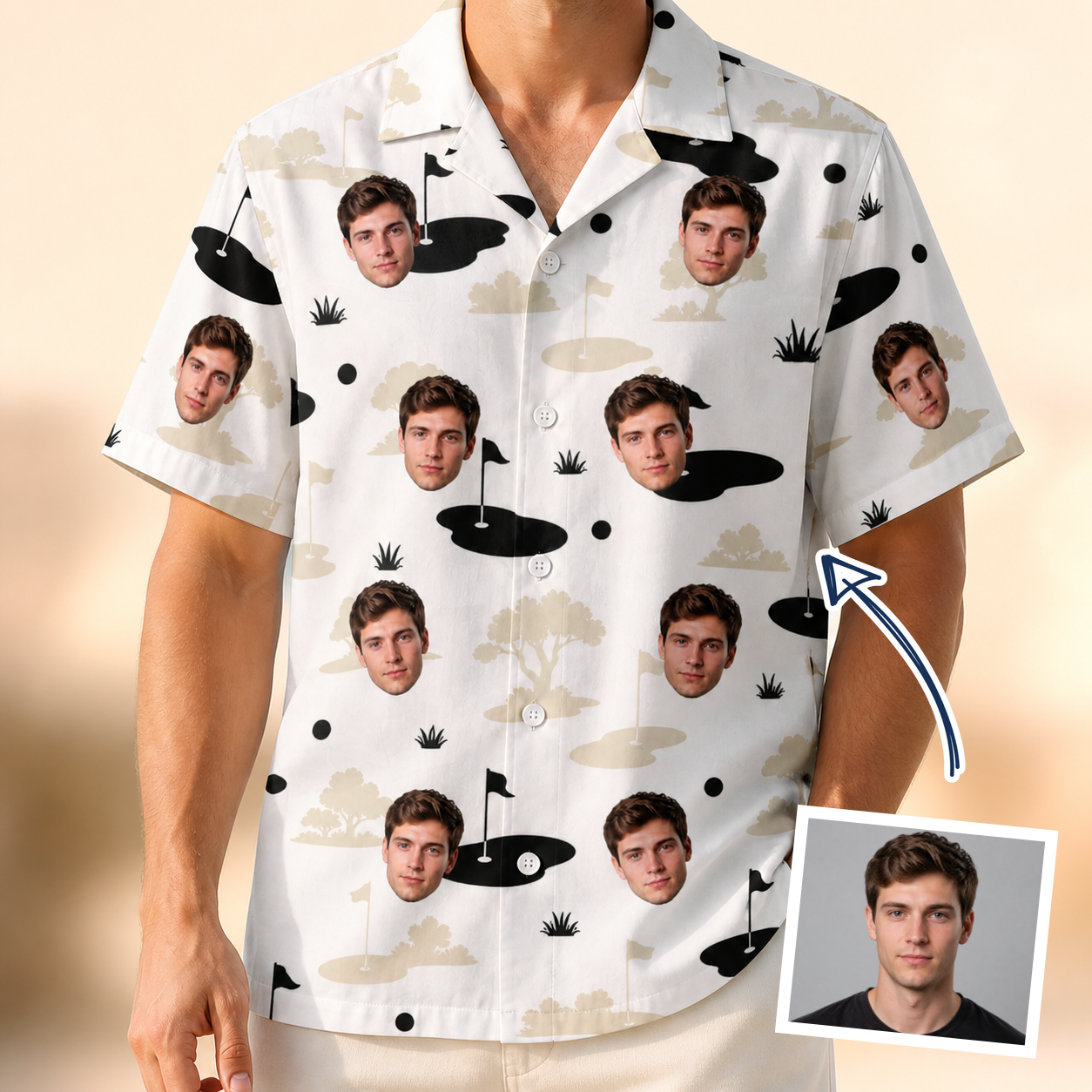 Man wearing Men's Tee Hee Custom Face Hawaiian Shirt — custom faces printed all-over
