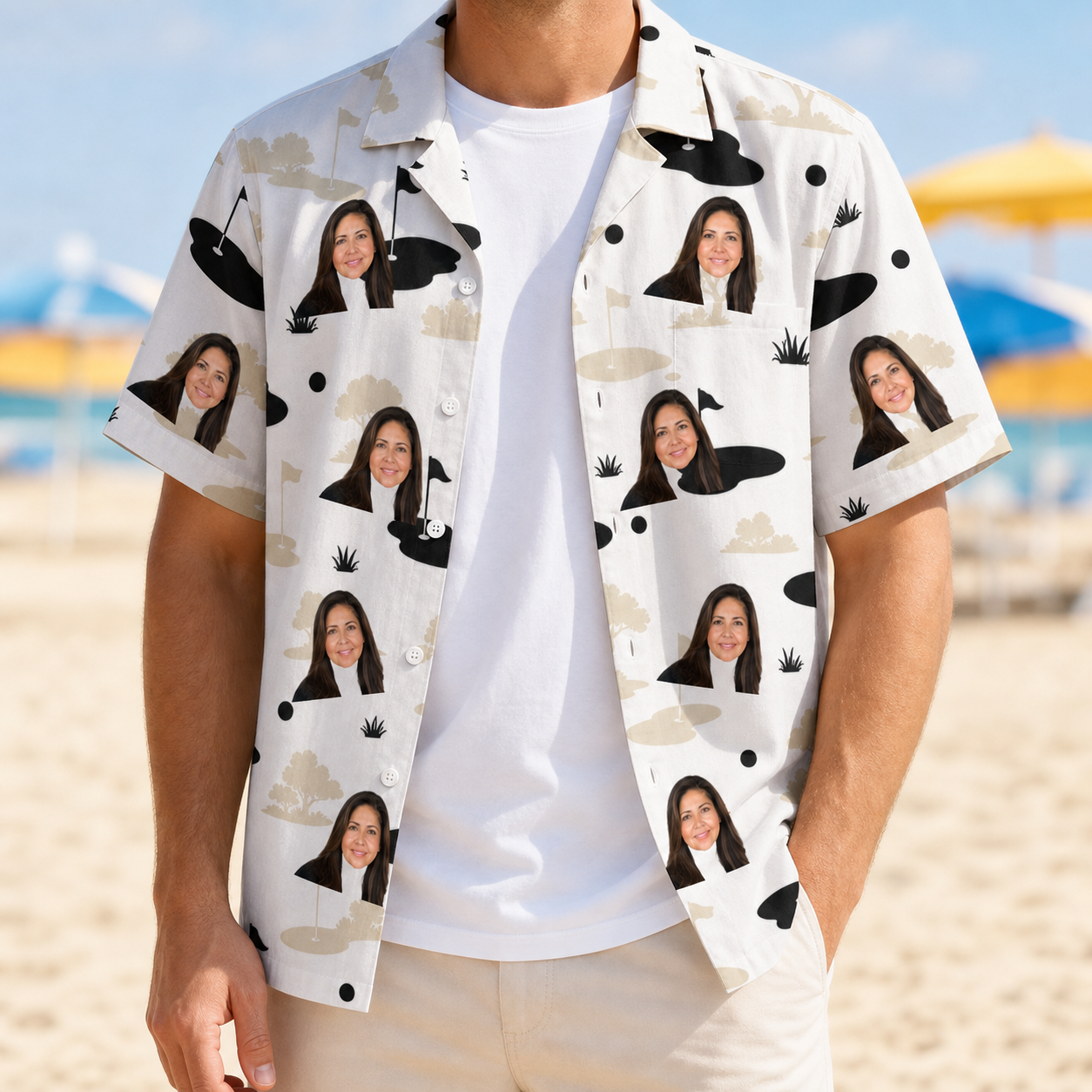 Man wearing Men's Tee Hee Custom Face Hawaiian Shirt open over a white tee