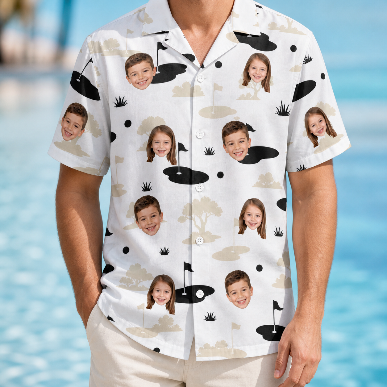 Model wearing Men's Tee Hee Custom Face Hawaiian Shirt printed with kids' faces