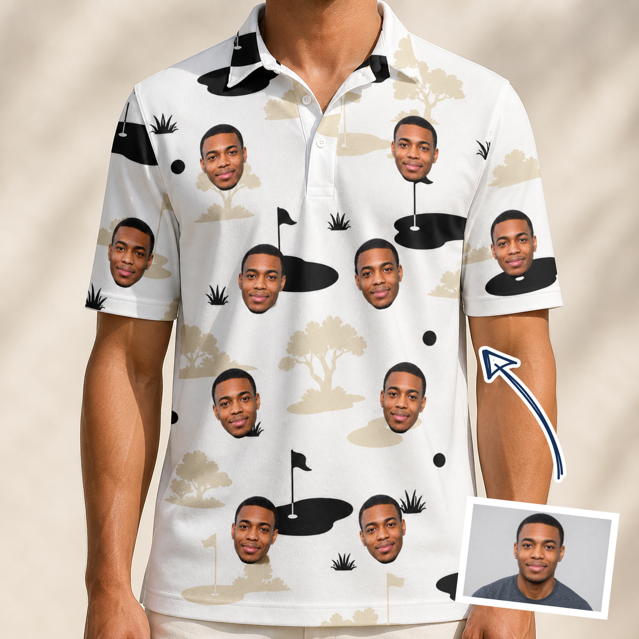 Man wearing Men's Tee Hee Custom Face Polo Shirt — custom faces printed all-over