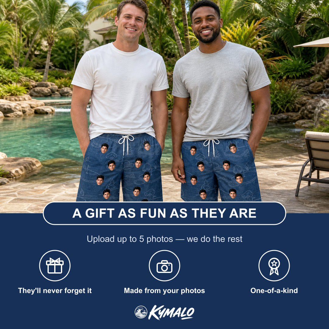 Friends in matching Men's Putt Pursuit Custom Face Beach Shorts — a group gift photo