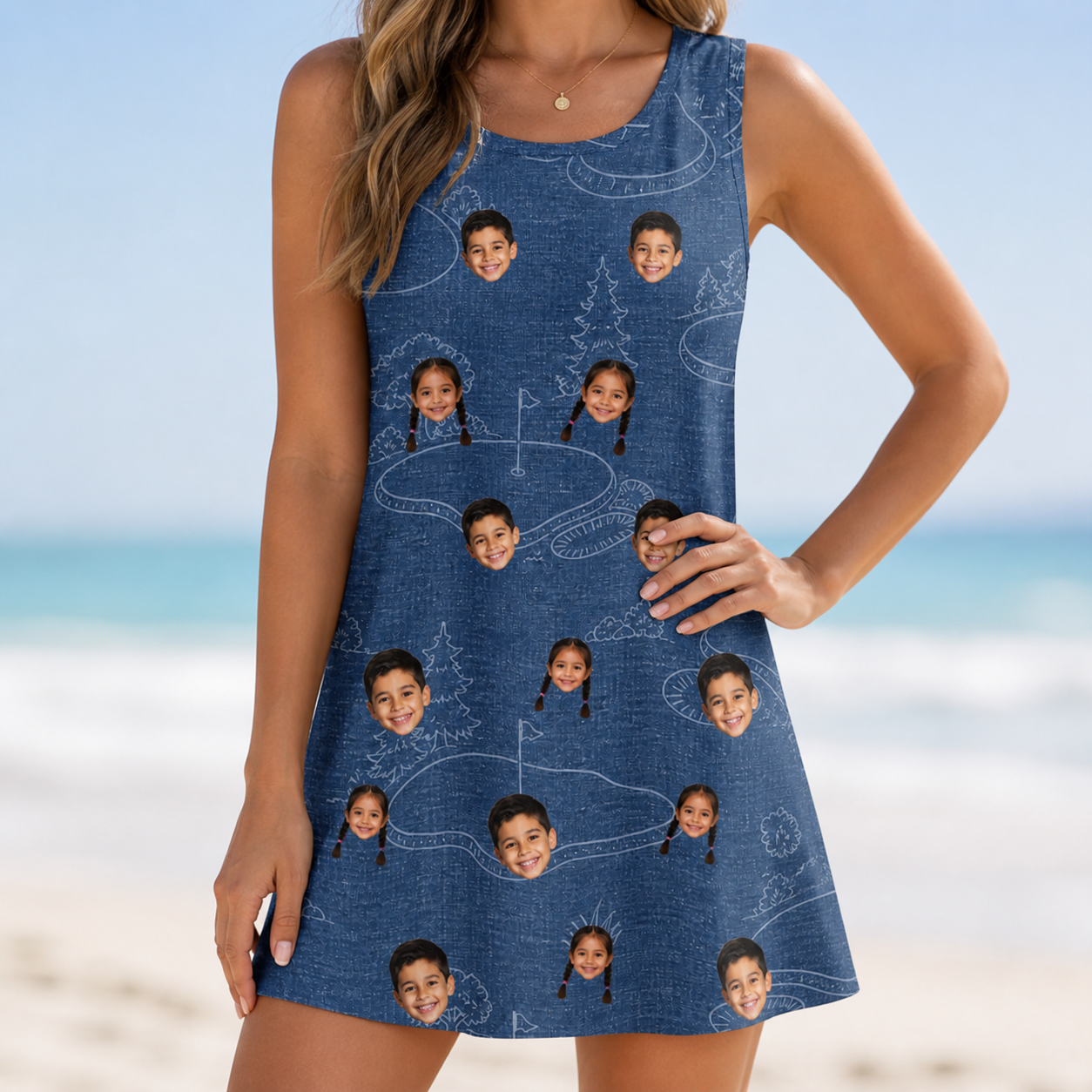 Model wearing Women's Putt Pursuit Custom Face Tank Dress printed with kids' faces