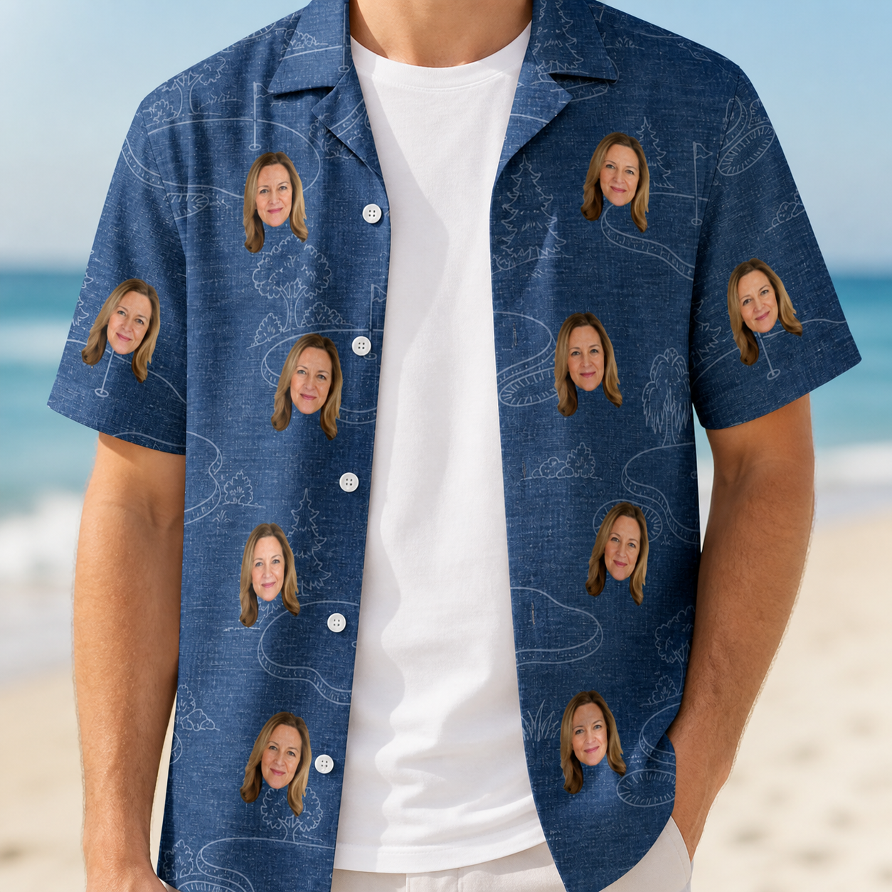 Man wearing Men's Putt Pursuit Custom Face Hawaiian Shirt open over a white tee