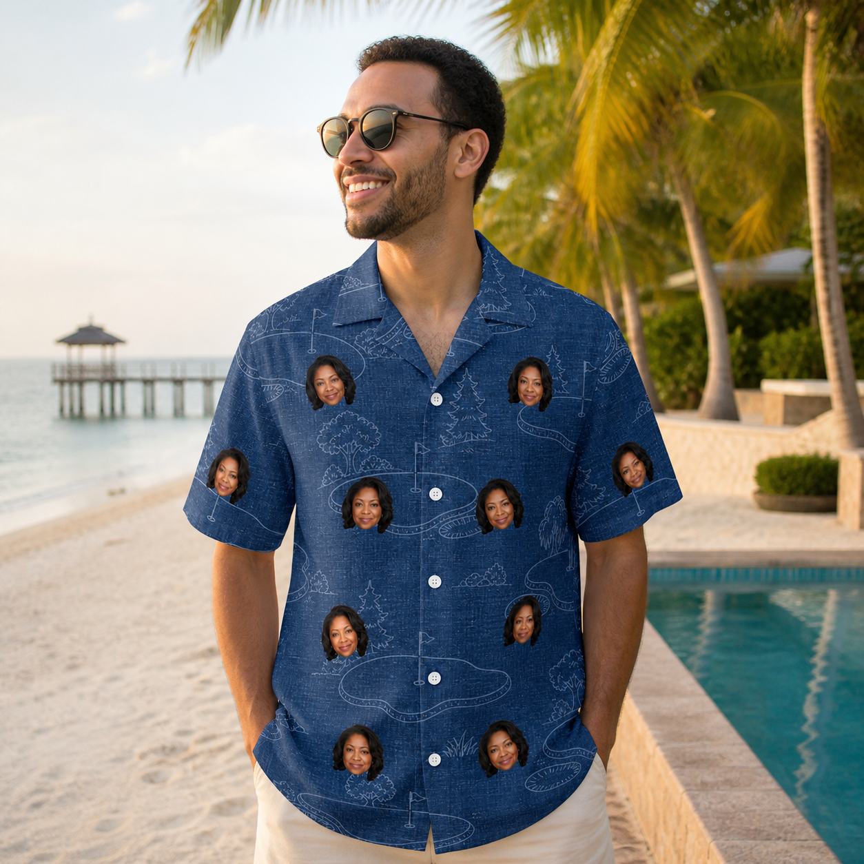 Real-life photo of someone wearing Men's Putt Pursuit Custom Face Hawaiian Shirt — custom faces printed all-over