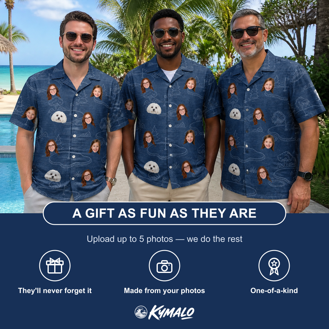 Friends in matching Men's Putt Pursuit Custom Face Hawaiian Shirt — a group gift photo