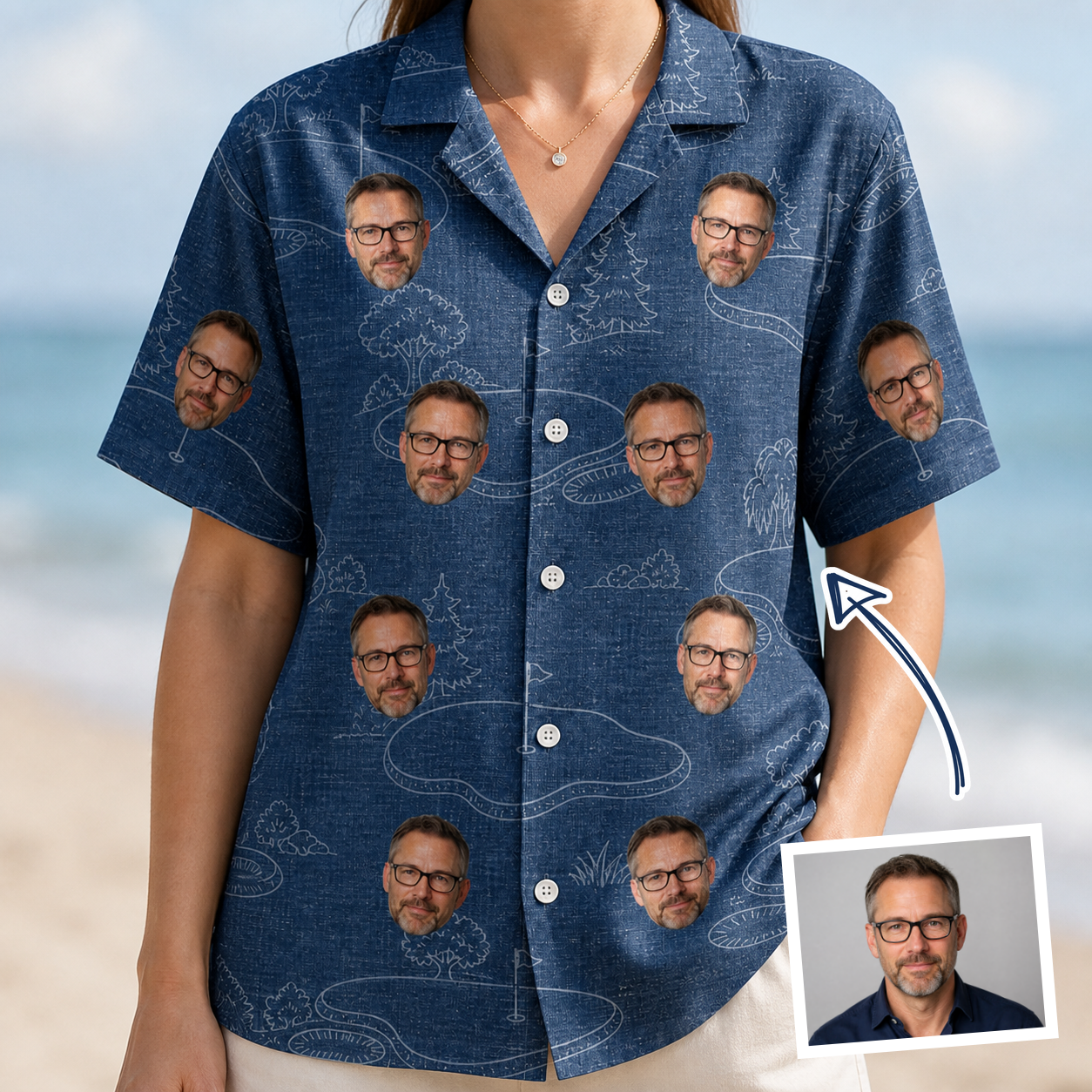 Woman wearing Women's Putt Pursuit Custom Face Hawaiian Shirt — custom faces printed all-over