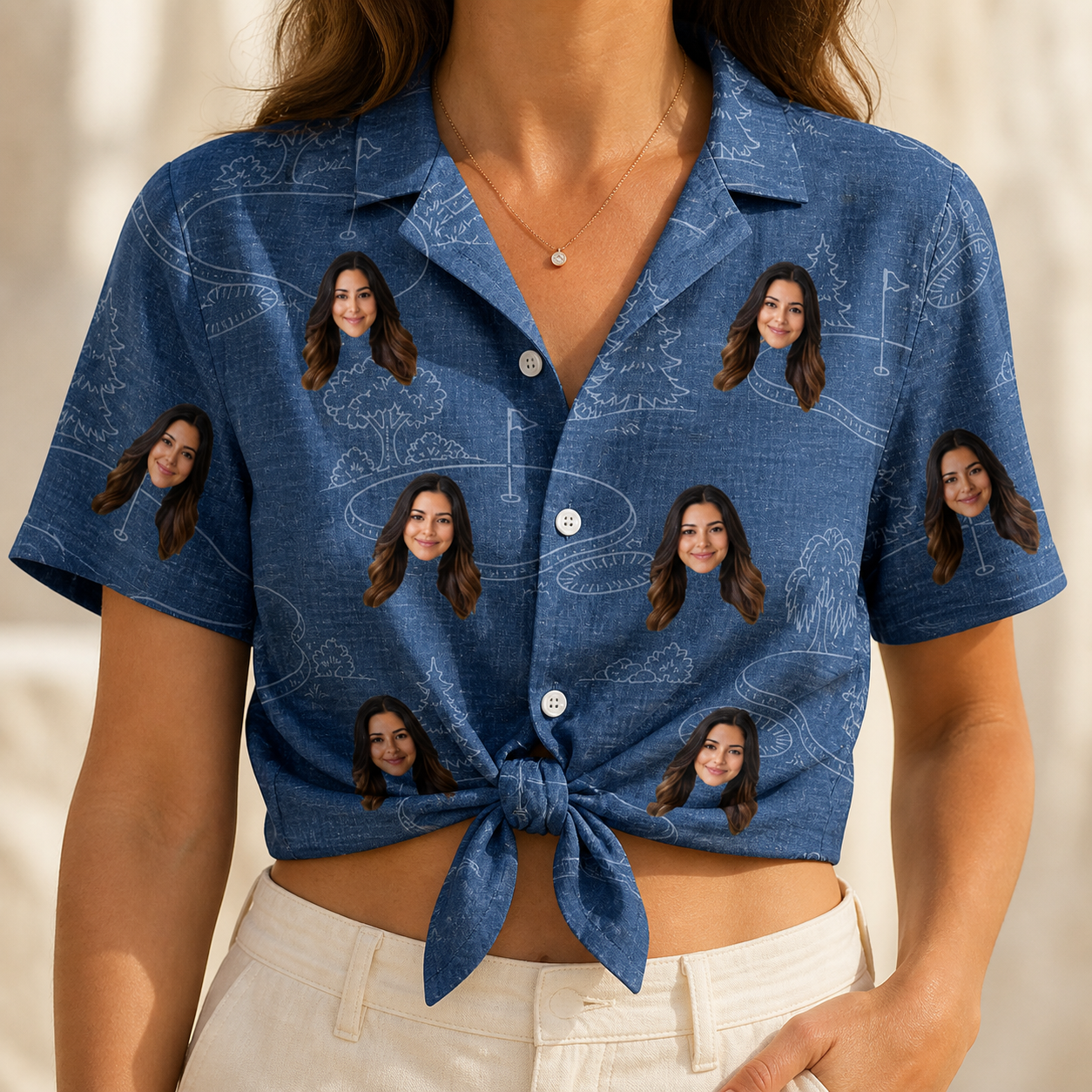Woman wearing Women's Putt Pursuit Custom Face Hawaiian Shirt tied at the waist