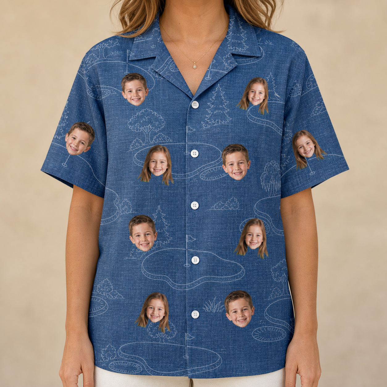 Model wearing Women's Putt Pursuit Custom Face Hawaiian Shirt printed with kids' faces