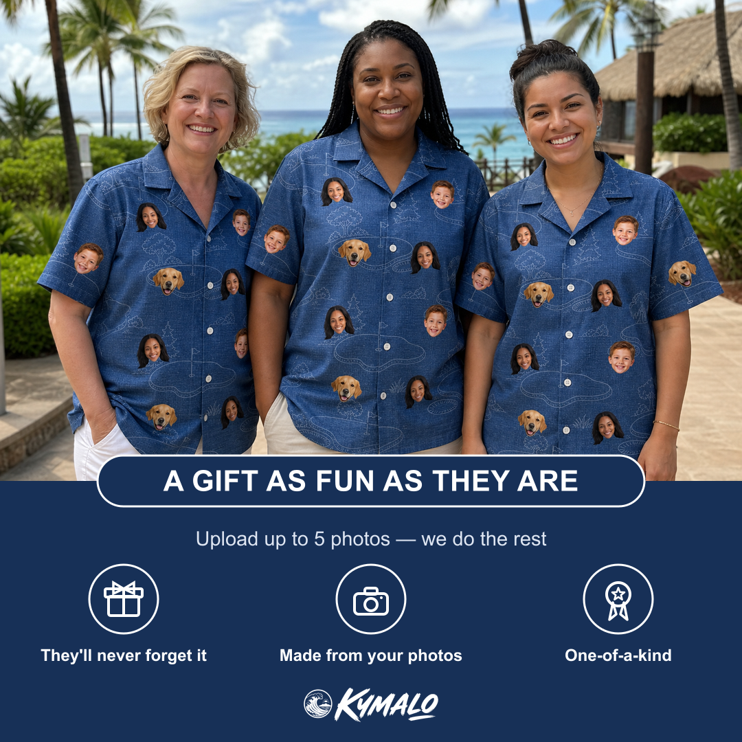 Friends in matching Women's Putt Pursuit Custom Face Hawaiian Shirt — a group gift photo