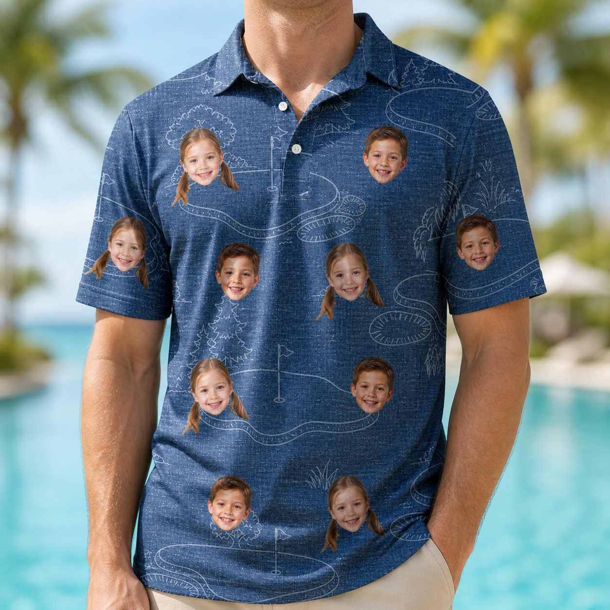 Model wearing Men's Putt Pursuit Custom Face Polo Shirt printed with kids' faces