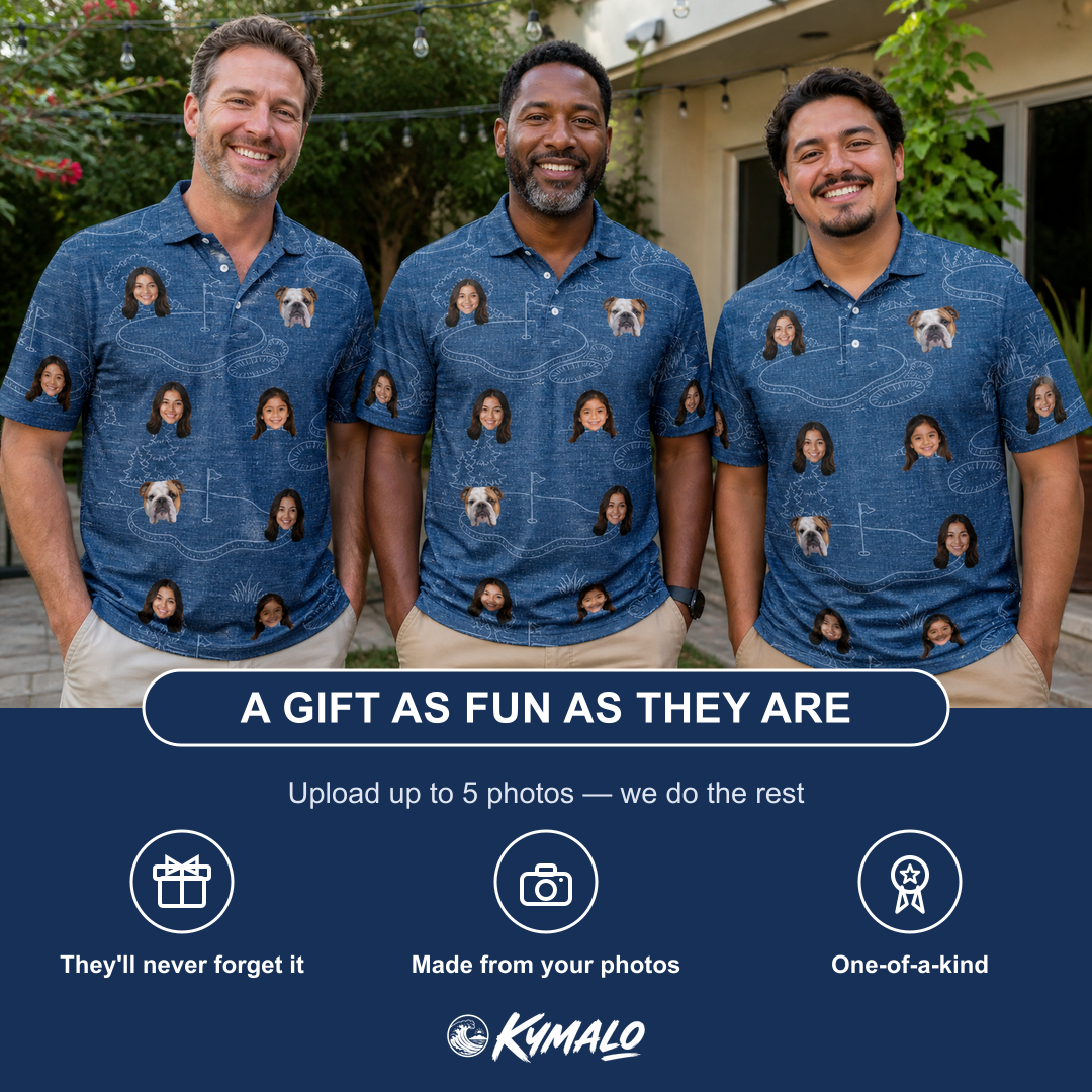 Friends in matching Men's Putt Pursuit Custom Face Polo Shirt — a group gift photo