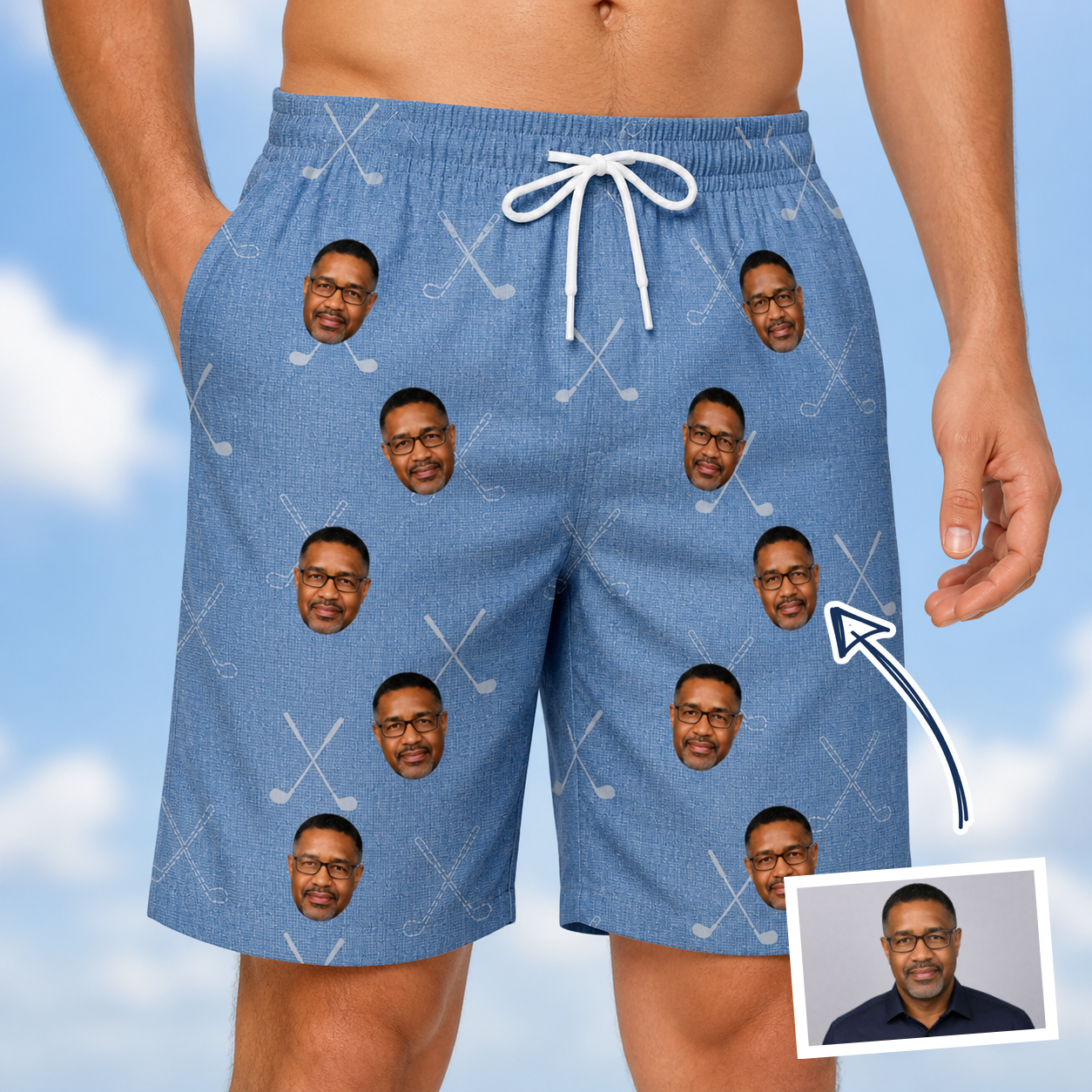 Man wearing Men's Clubhouse Crossfire Custom Face Beach Shorts — custom faces printed all-over