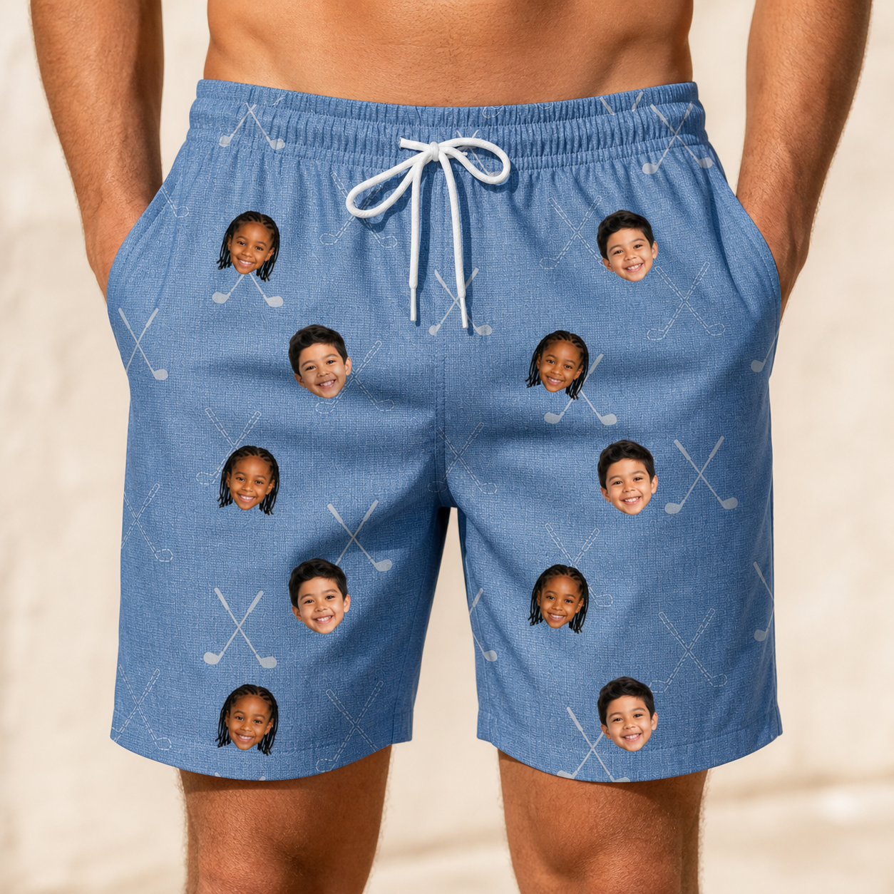 Model wearing Men's Clubhouse Crossfire Custom Face Beach Shorts printed with kids' faces