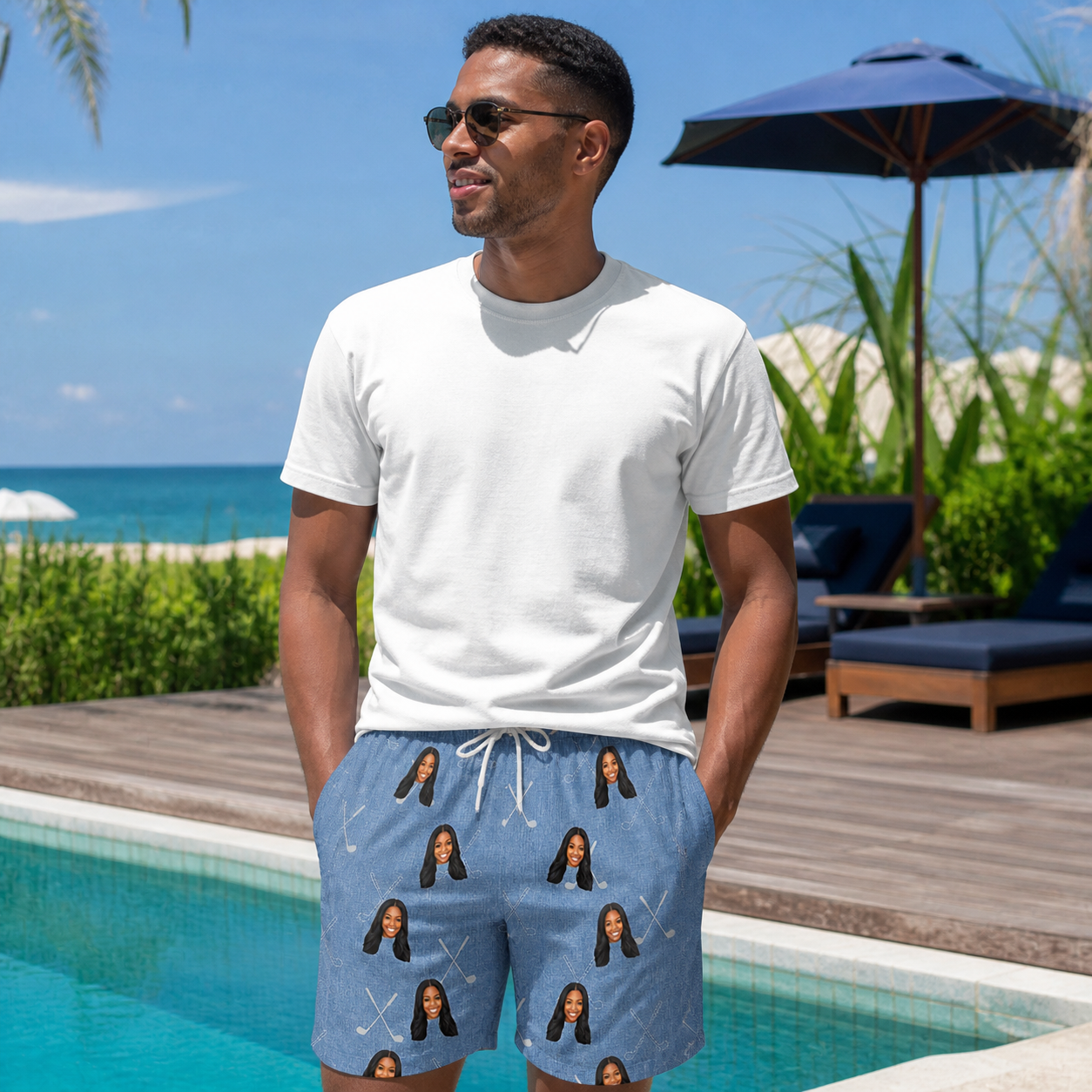 Real-life photo of someone wearing Men's Clubhouse Crossfire Custom Face Beach Shorts — custom faces printed all-over