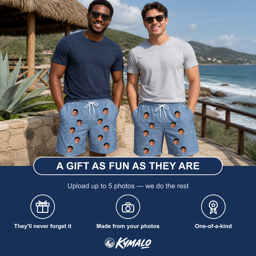 Friends in matching Men's Clubhouse Crossfire Custom Face Beach Shorts — a group gift photo