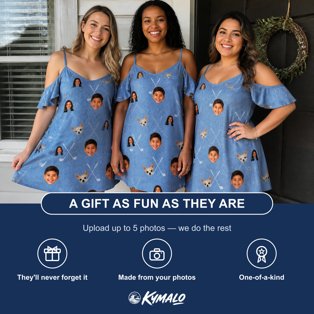 Friends in matching Women's Clubhouse Crossfire Custom Face Off-Shoulder Dress — a group gift photo