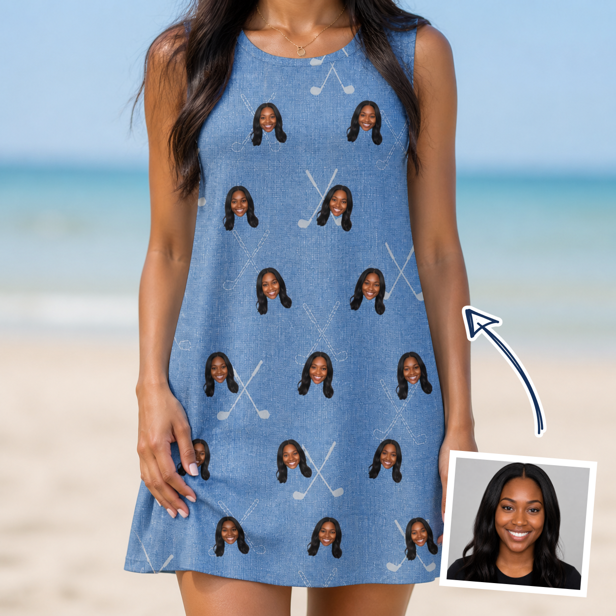 Woman wearing Women's Clubhouse Crossfire Custom Face Tank Dress — custom faces printed all-over