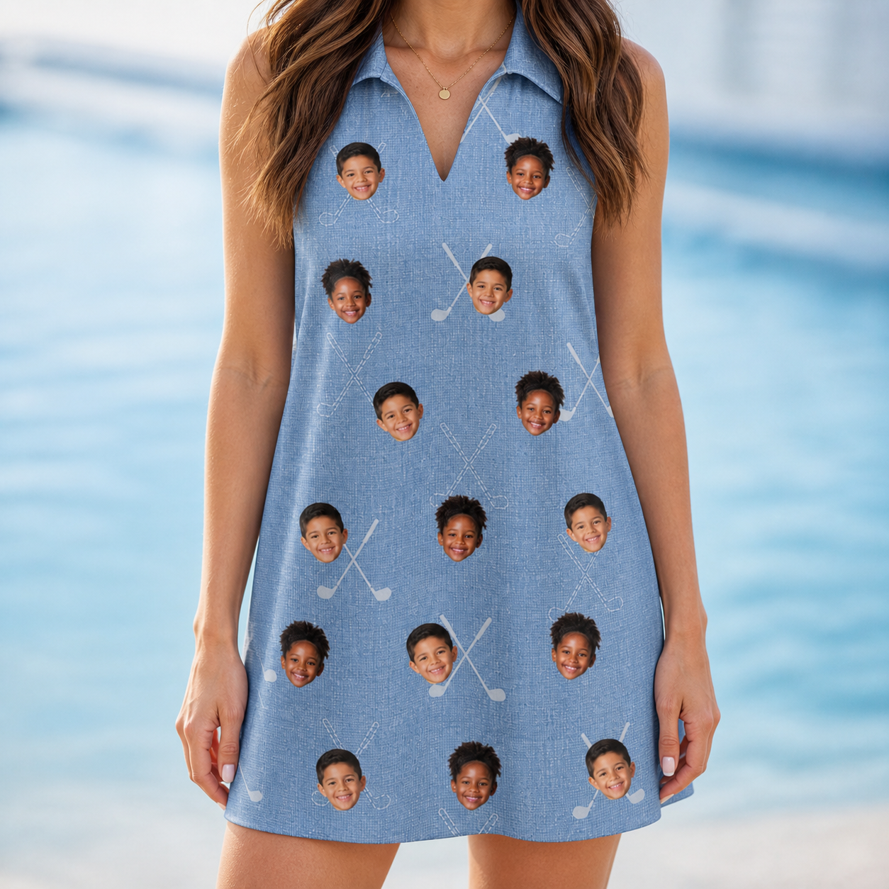 Model wearing Women's Clubhouse Crossfire Custom Face V-Neck Dress printed with kids' faces