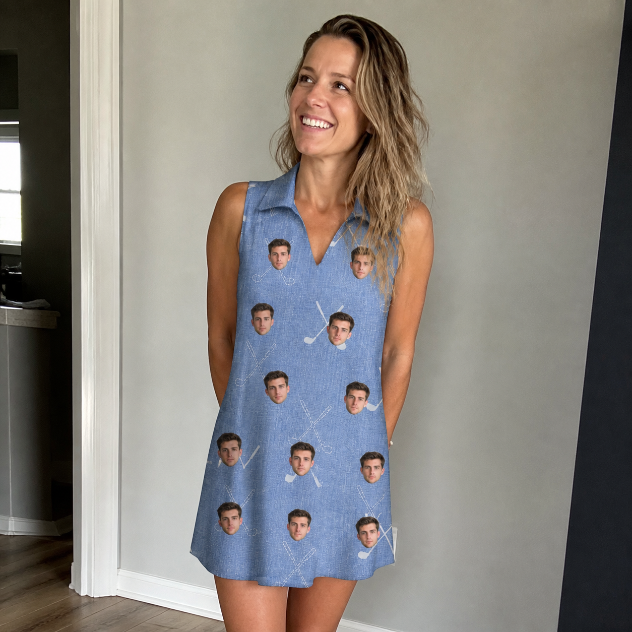 Real-life photo of someone wearing Women's Clubhouse Crossfire Custom Face V-Neck Dress — custom faces printed all-over