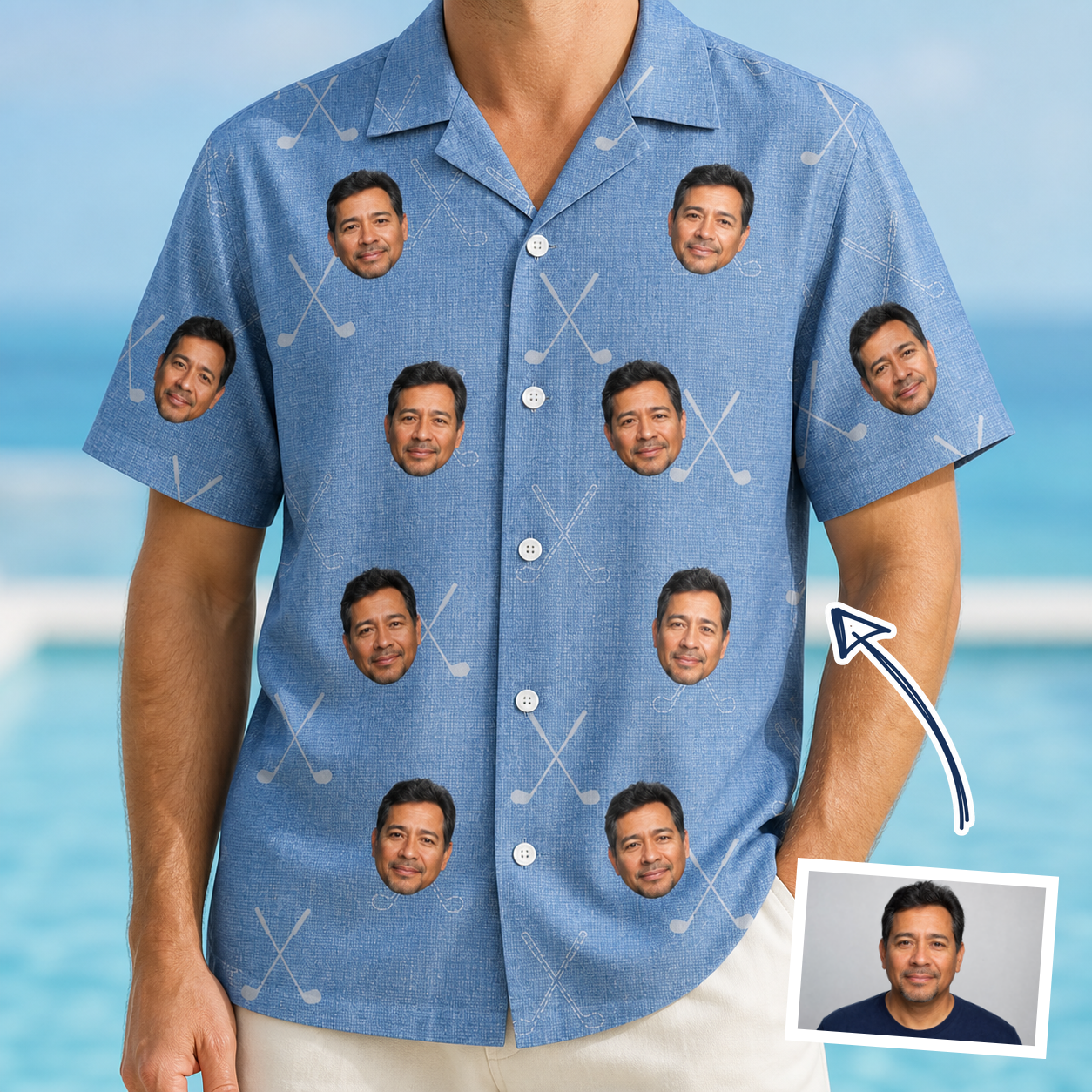 Man wearing Men's Clubhouse Crossfire Custom Face Hawaiian Shirt — custom faces printed all-over