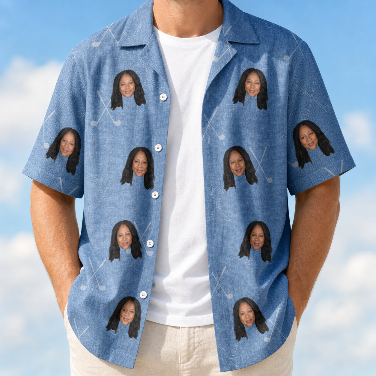 Man wearing Men's Clubhouse Crossfire Custom Face Hawaiian Shirt open over a white tee