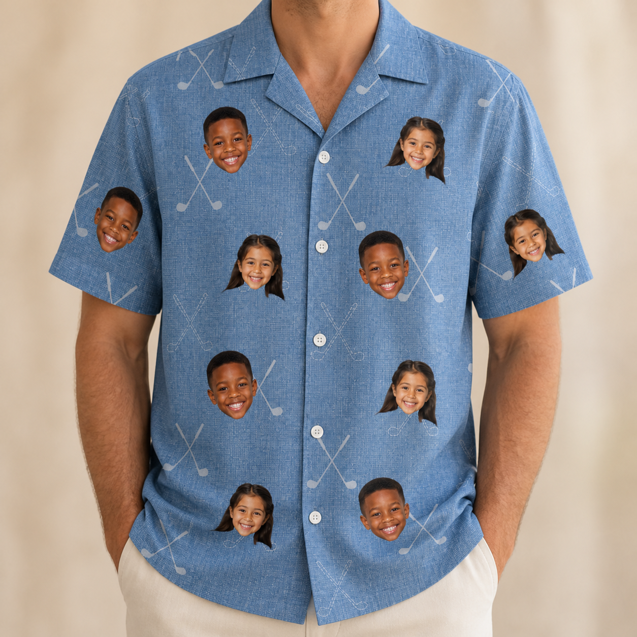Model wearing Men's Clubhouse Crossfire Custom Face Hawaiian Shirt printed with kids' faces