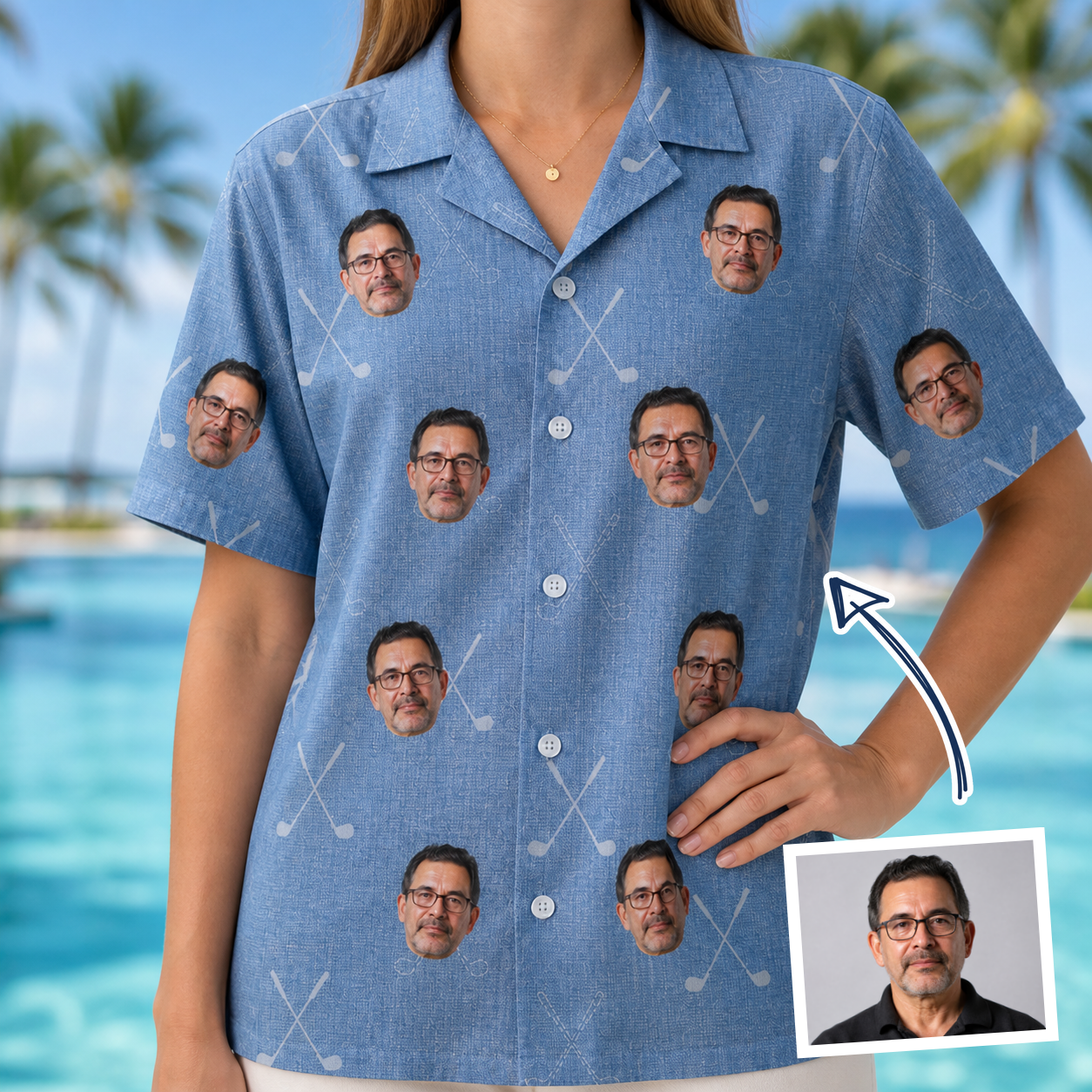 Woman wearing Women's Clubhouse Crossfire Custom Face Hawaiian Shirt — custom faces printed all-over