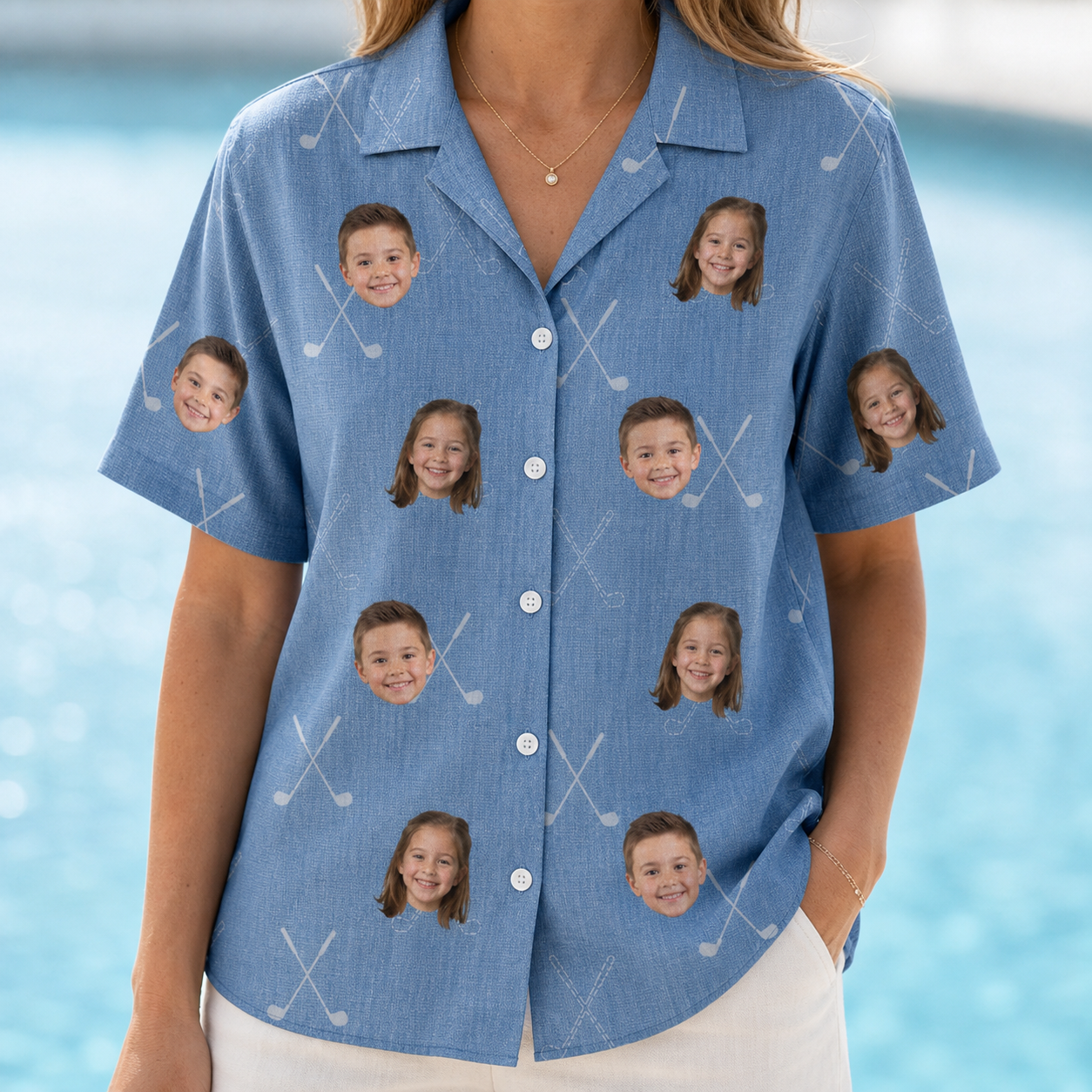 Model wearing Women's Clubhouse Crossfire Custom Face Hawaiian Shirt printed with kids' faces