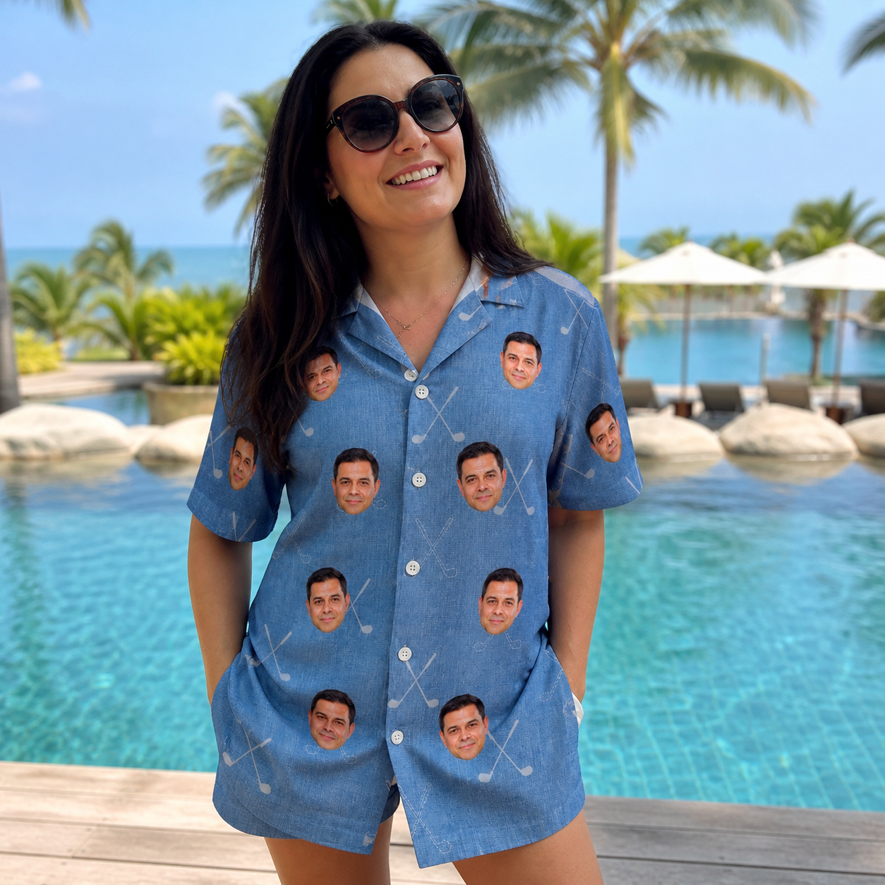 Real-life photo of someone wearing Women's Clubhouse Crossfire Custom Face Hawaiian Shirt — custom faces printed all-over