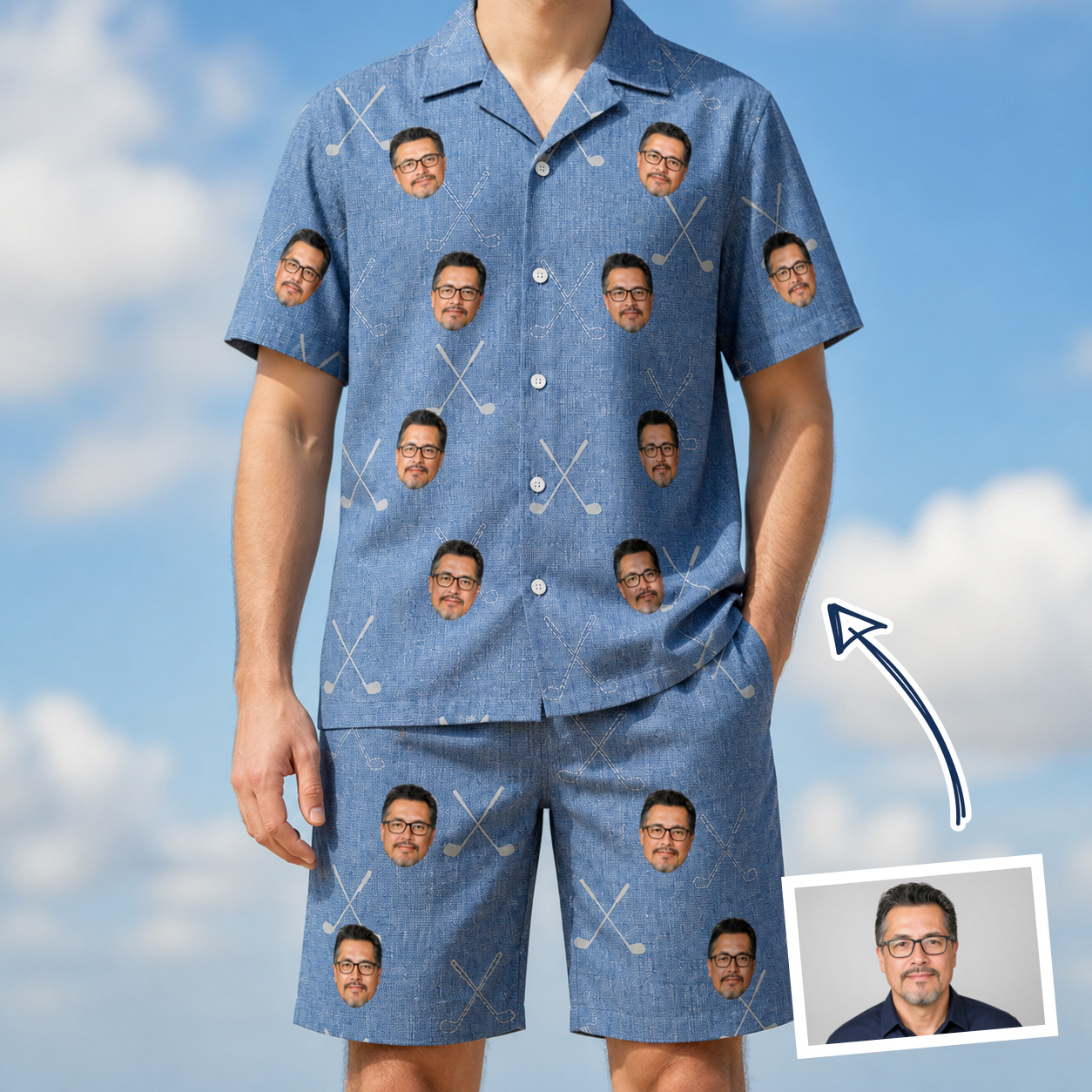 Man wearing Men's Clubhouse Crossfire Custom Face Shirt & Shorts Set — custom faces printed all-over