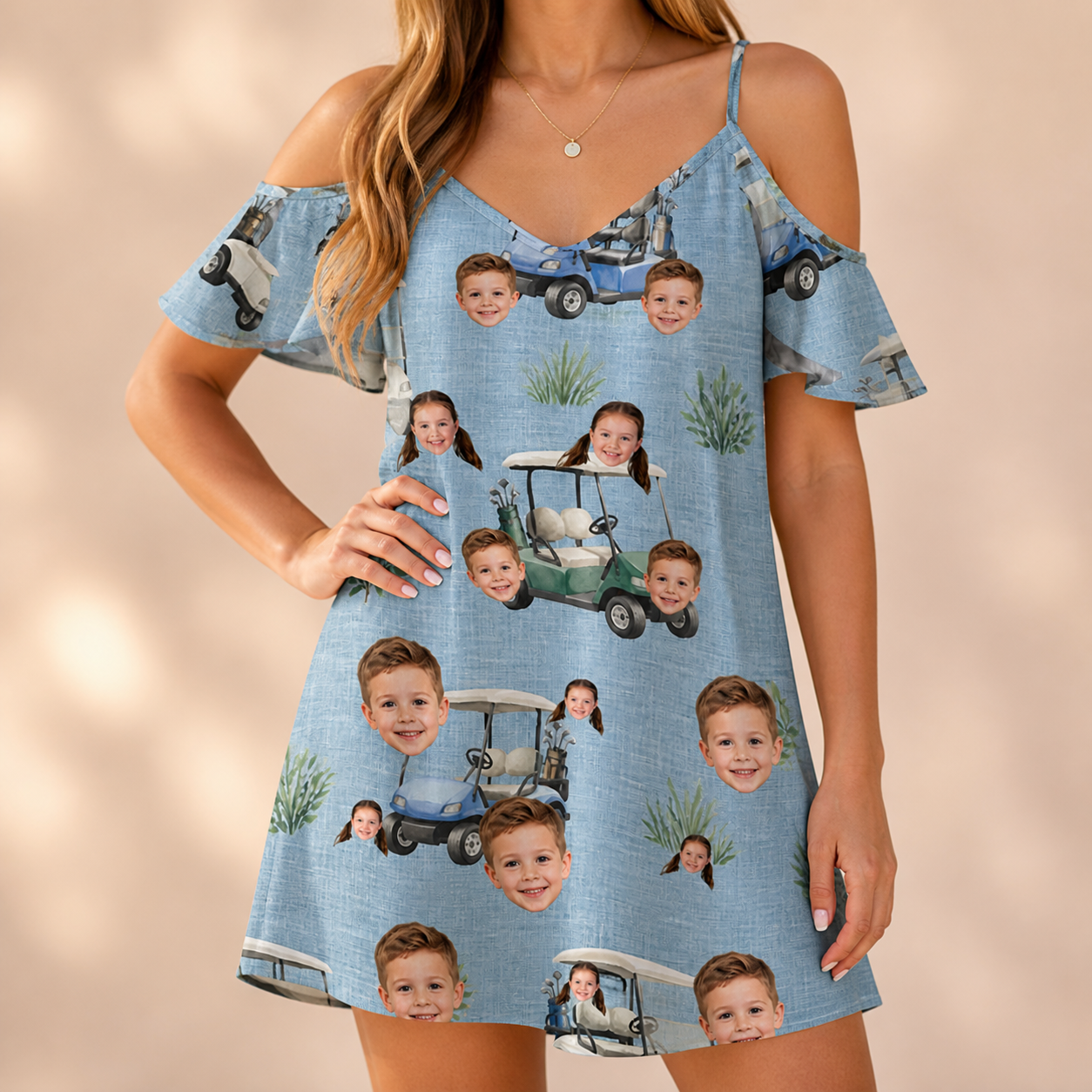 Model wearing Women's Cart Blanche Custom Face Off-Shoulder Dress printed with kids' faces