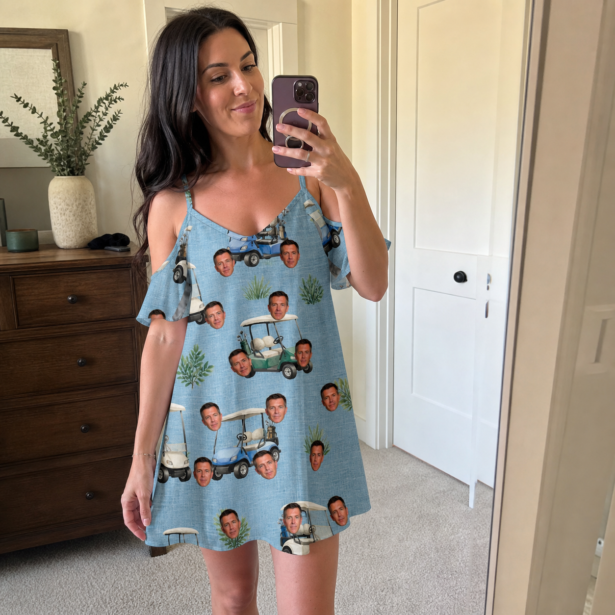 Real-life photo of someone wearing Women's Cart Blanche Custom Face Off-Shoulder Dress — custom faces printed all-over
