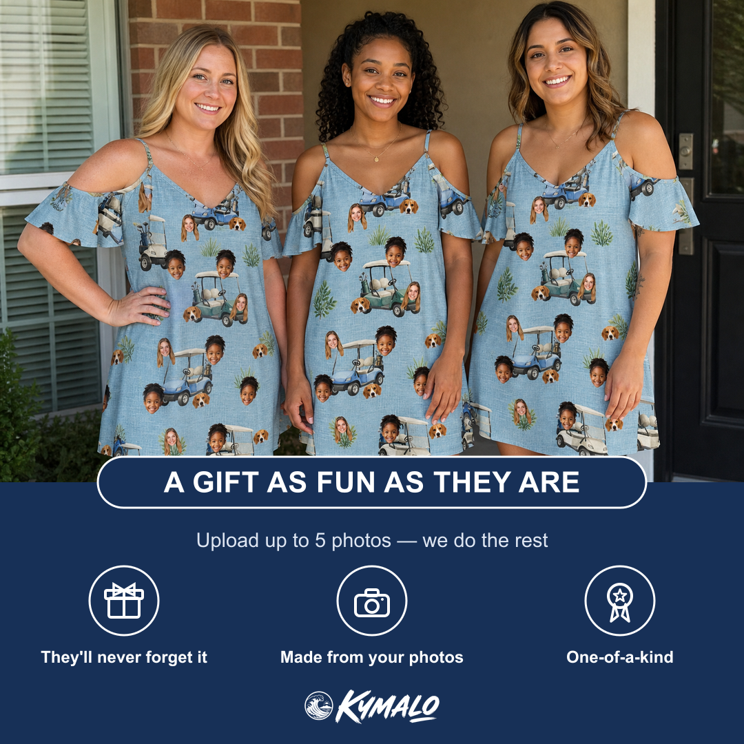 Friends in matching Women's Cart Blanche Custom Face Off-Shoulder Dress — a group gift photo