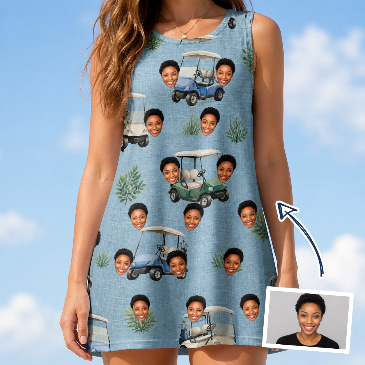 Woman wearing Women's Cart Blanche Custom Face Tank Dress — custom faces printed all-over