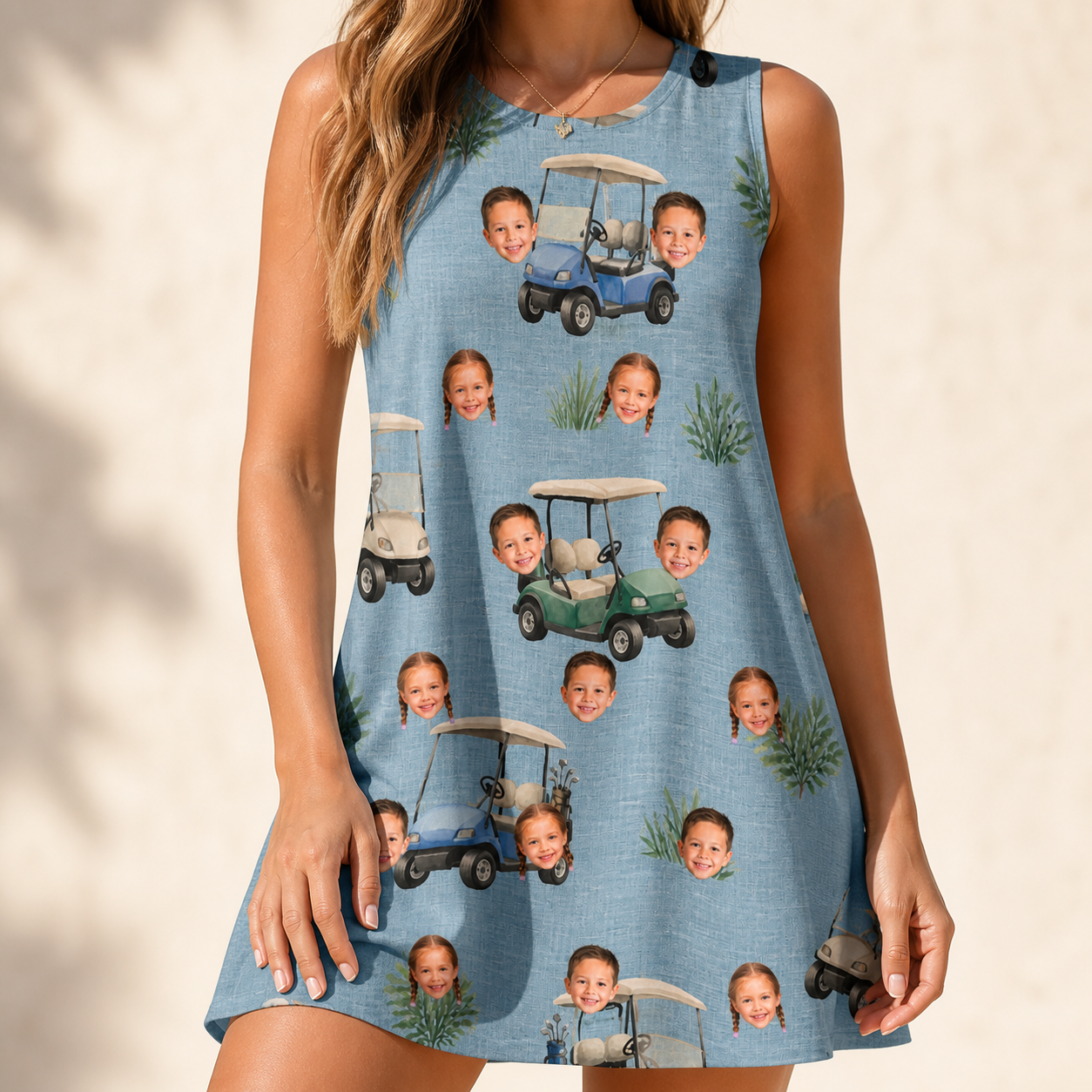 Model wearing Women's Cart Blanche Custom Face Tank Dress printed with kids' faces