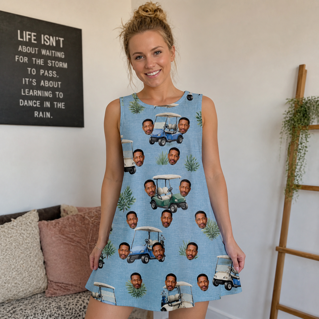 Real-life photo of someone wearing Women's Cart Blanche Custom Face Tank Dress — custom faces printed all-over