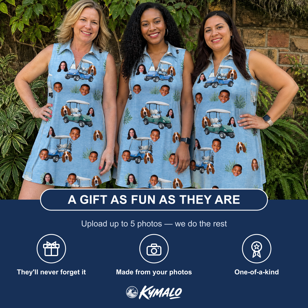 Friends in matching Women's Cart Blanche Custom Face V-Neck Dress — a group gift photo