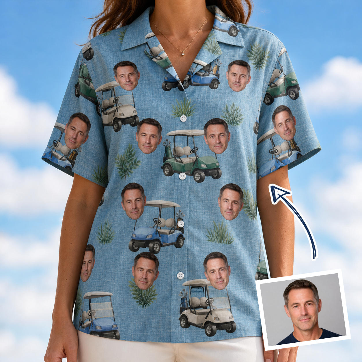Woman wearing Women's Cart Blanche Custom Face Hawaiian Shirt — custom faces printed all-over