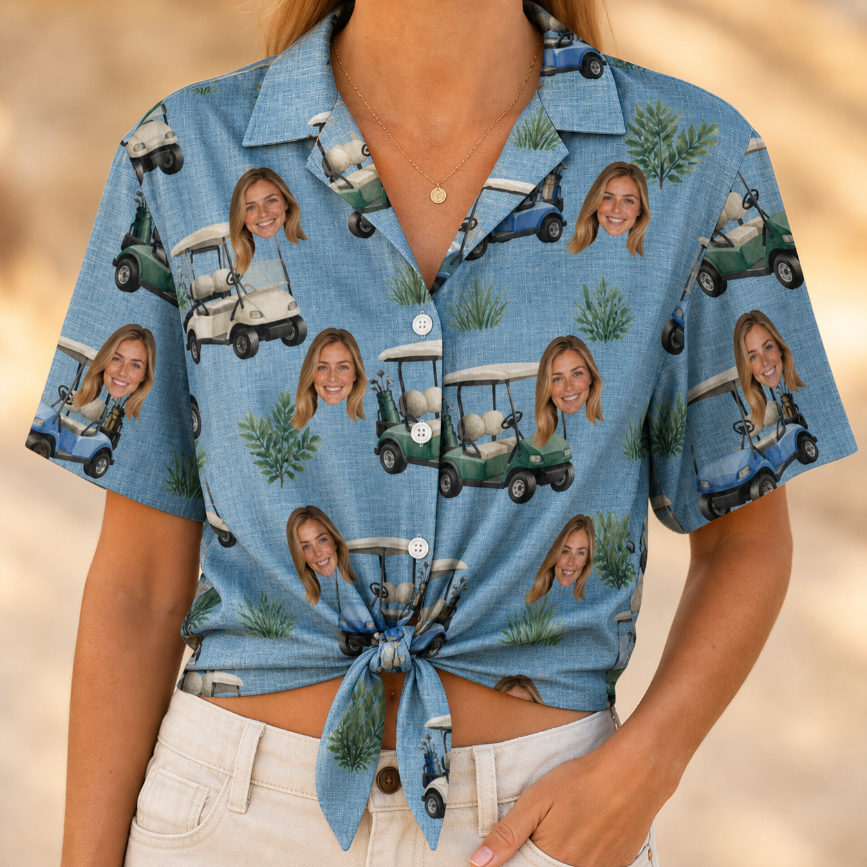 Woman wearing Women's Cart Blanche Custom Face Hawaiian Shirt tied at the waist