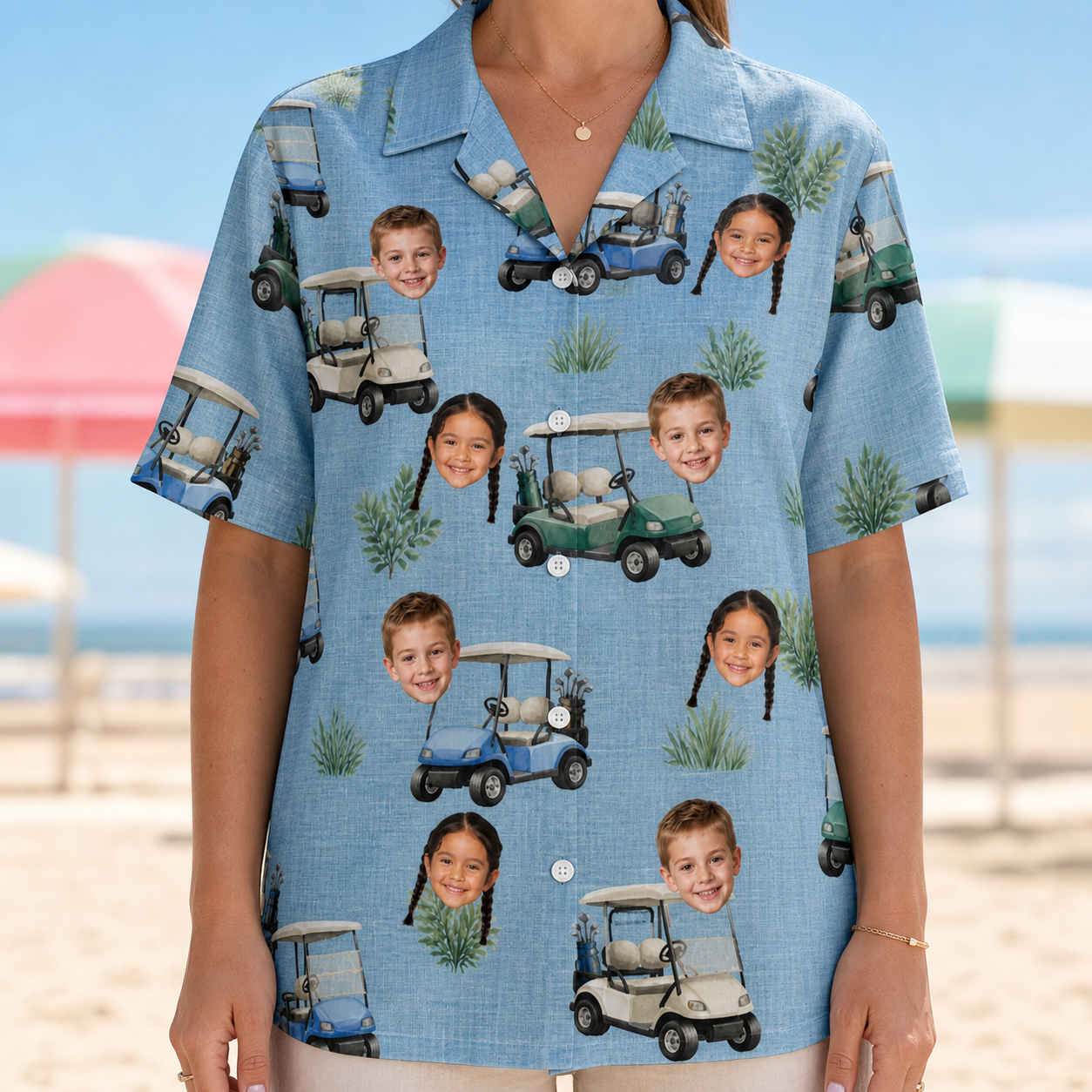 Model wearing Women's Cart Blanche Custom Face Hawaiian Shirt printed with kids' faces