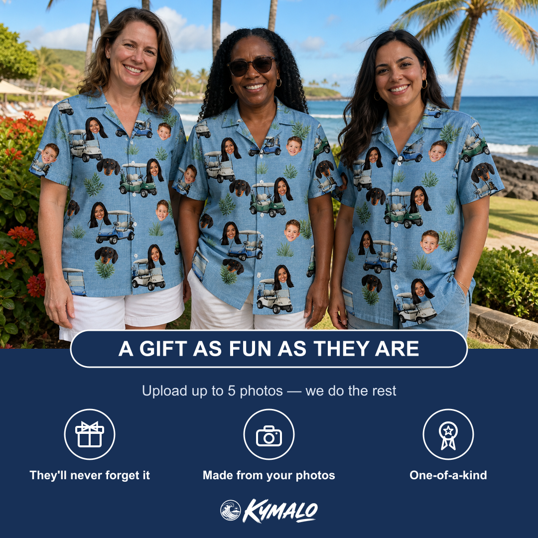 Friends in matching Women's Cart Blanche Custom Face Hawaiian Shirt — a group gift photo