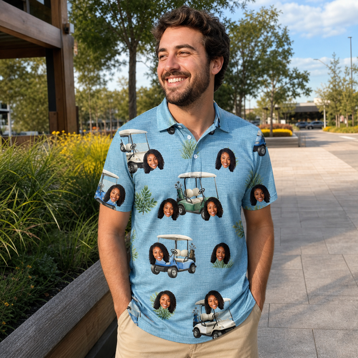 Real-life photo of someone wearing Men's Cart Blanche Custom Face Polo Shirt — custom faces printed all-over