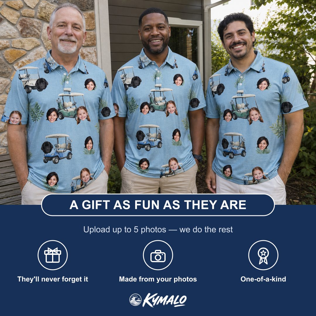 Friends in matching Men's Cart Blanche Custom Face Polo Shirt — a group gift photo