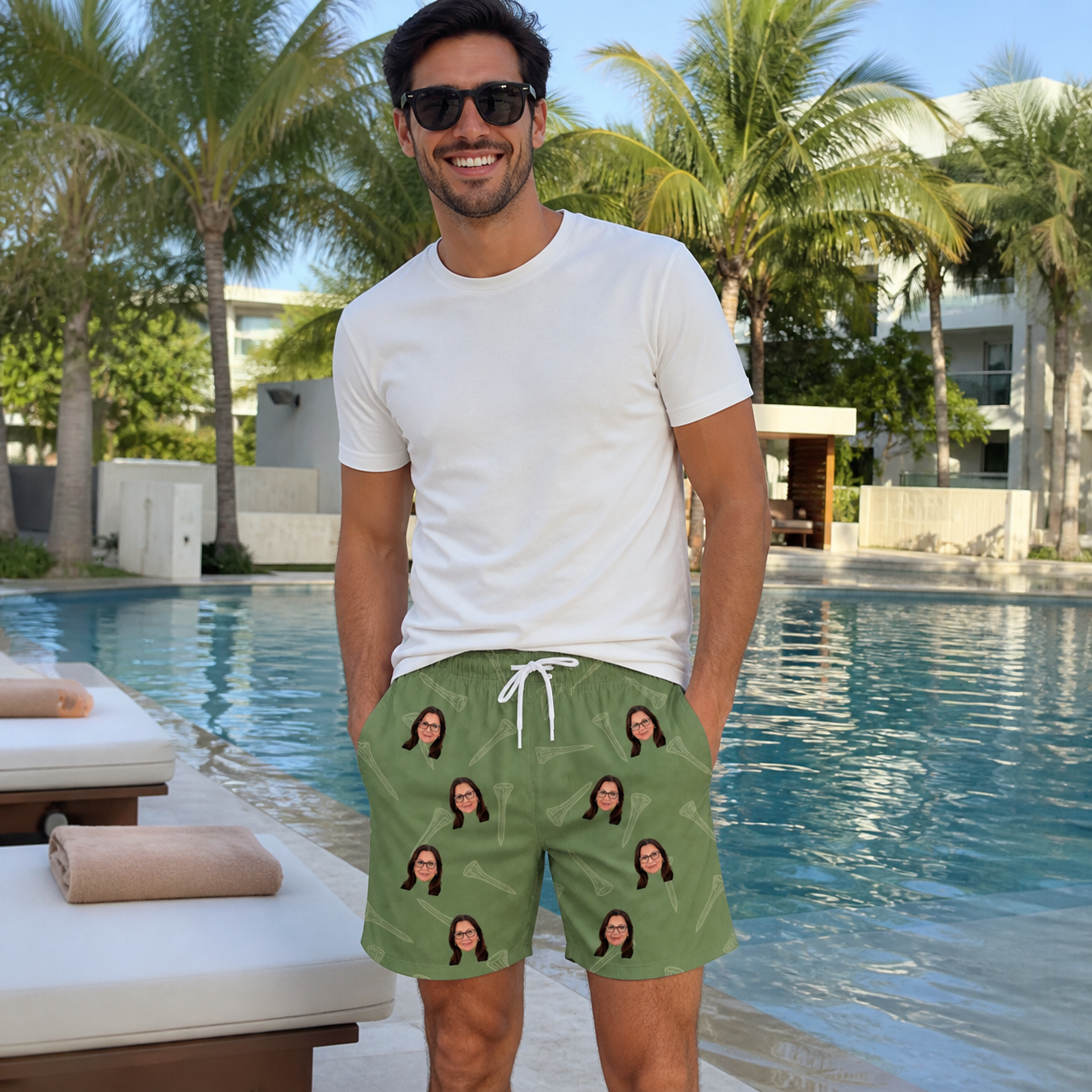 Real-life photo of someone wearing Men's Fairway Flair Custom Face Beach Shorts — custom faces printed all-over