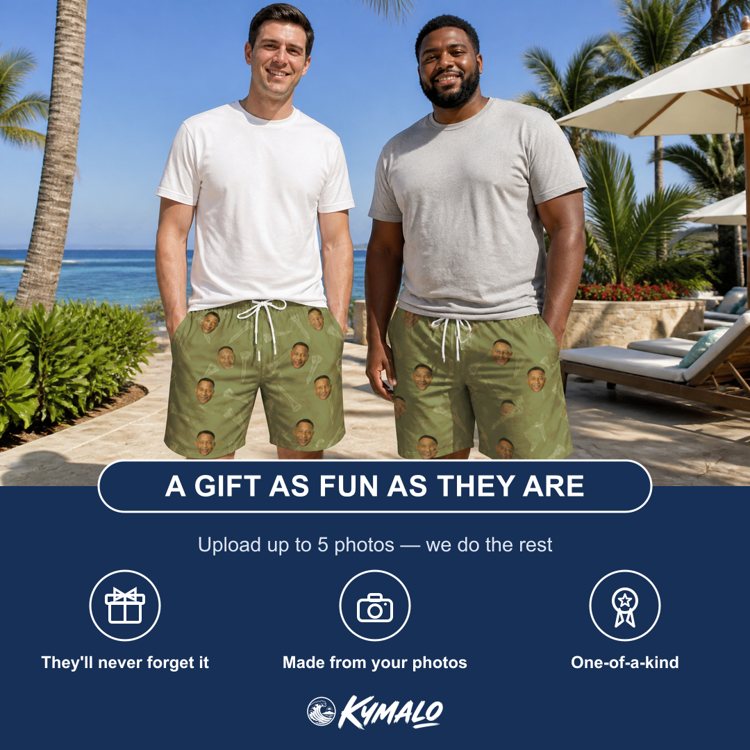 Friends in matching Men's Fairway Flair Custom Face Beach Shorts — a group gift photo