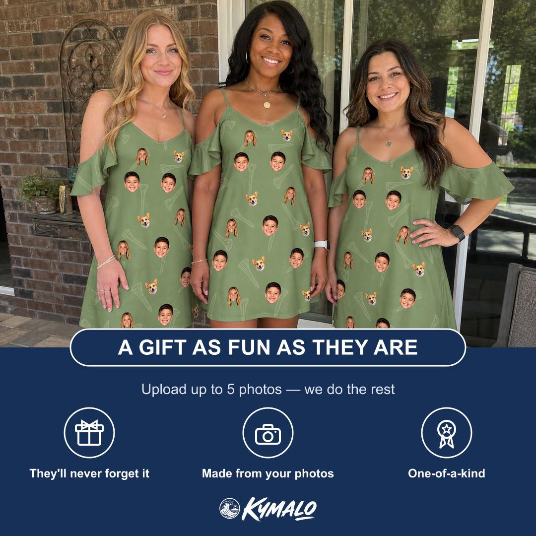 Friends in matching Women's Fairway Flair Custom Face Off-Shoulder Dress — a group gift photo