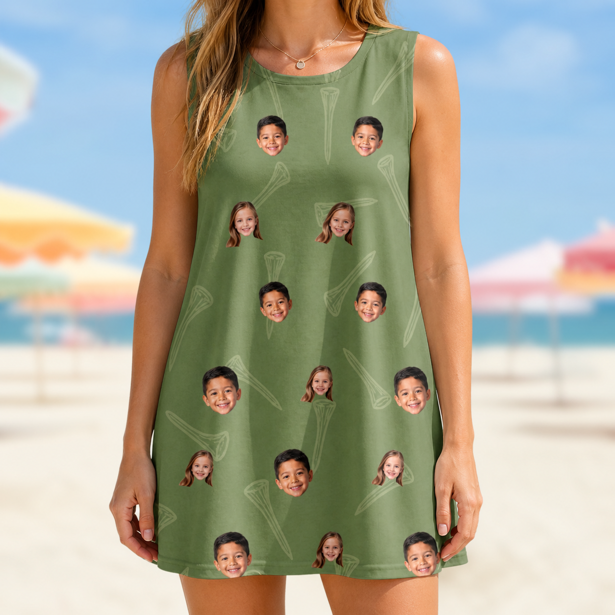 Model wearing Women's Fairway Flair Custom Face Tank Dress printed with kids' faces
