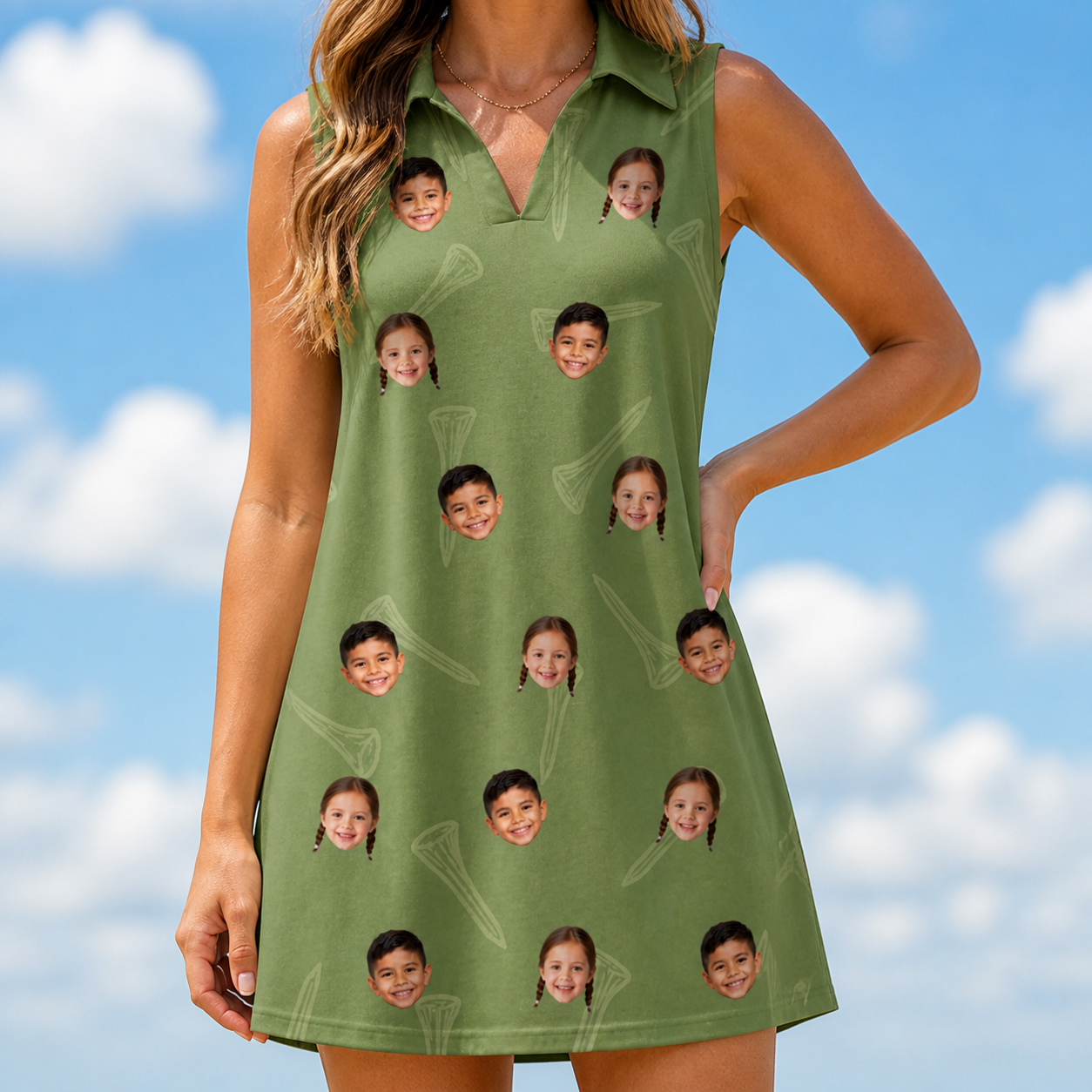Model wearing Women's Fairway Flair Custom Face V-Neck Dress printed with kids' faces